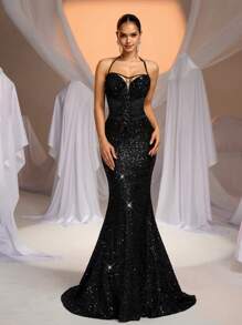 Glamrae 优雅黑色华丽亮片露背性感 V 领水钻吊坠鱼尾连衣裙，适合度假婚礼活动约会狂欢派对晚宴礼服、婚礼宾客礼服、正式礼服、晚礼服 - 黑色 - 查看 4