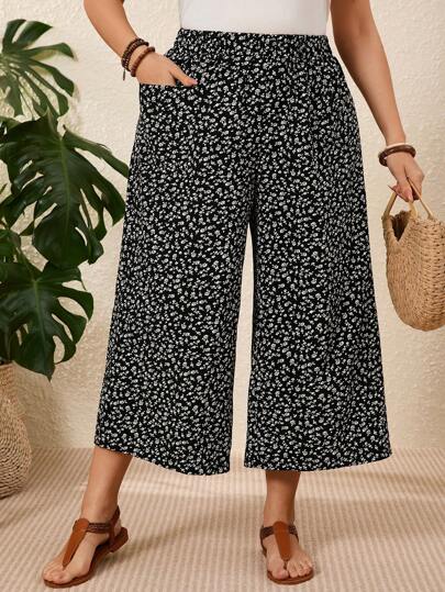 EMERY ROSE Pantalones casuales 3/4 de talla grande para mujer con bolsillo y estampado floral ditsy en todo el diseño