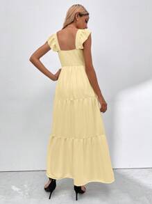 Breezaya Women's Solid Color Square Neck Pleated Simple Casual Long Dress - Mustard Yellow - View 2