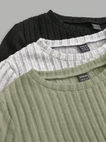 Muchica 3 件女式罗纹针织修身圆领 T 恤，秋冬款