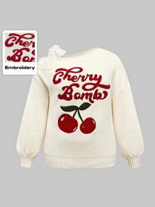 ROMWE Kawaii Cute Mori Style Holiday Cherry Embroidered Lace Tie Bow Lantern Sleeve Fitted Plus Size Cardigan, Apricot