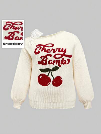 Kawaii Cárdigan ajustado con manga de linterna, estilo Mori, con lazo bordado de encaje con diseño de cereza, talla grande, color albaricoque