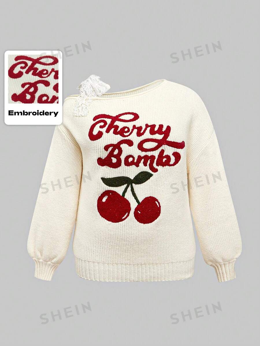 ROMWE Kawaii Cárdigan ajustado con manga de linterna, estilo Mori, con lazo bordado de encaje con diseño de cereza, talla grande, color albaricoque