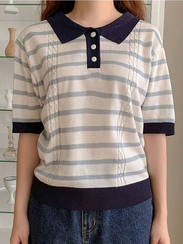 Women's Contrast Color Splice Collar Half Open Front Short Sleeve Striped Knit Top, Collegiate Stripe