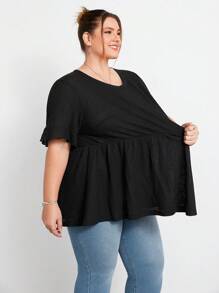 SHEIN CURVE+ 大码女式休闲华夫格针织荷叶边袖黑色 T 恤 - 黑色 - 查看 7