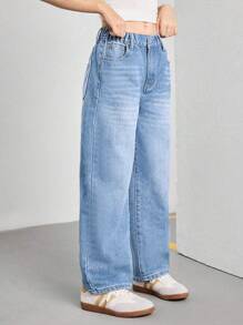 Tween Girls Vintage Loose Wide Leg Jeans, Casual Straight Leg Denim Pants - Light Wash - View 3