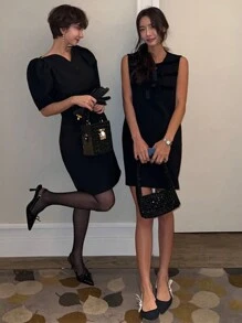 DAZY 女士圆领丝绒撞色直筒迷你连衣裙，春夏派对女士礼服舞会礼服女仆装吊带裙，休闲女士连衣裙优雅女士连衣裙 - 黑色 - 查看 4