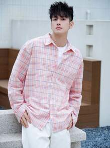 DAZY Camisa de Manga Longa Xadrez Rosa Primavera Homem Monobotão - Vermelho - Visão 4