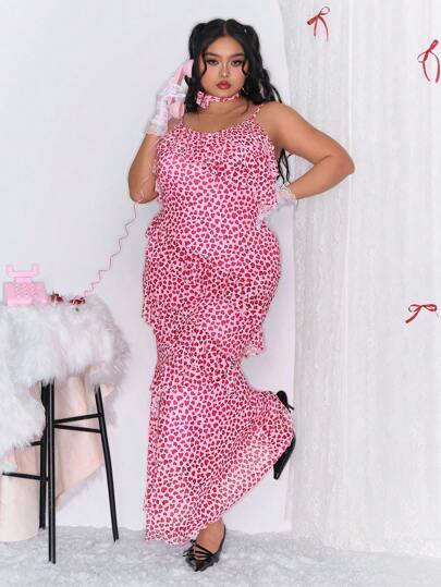 Kawaii Plus Size Cute Sweet Heart Print Ruffle Hem Maxi Slip Dress