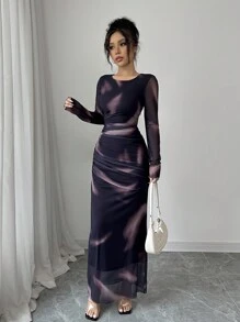 Elenzga Women's Elegant Gradient Color Print Mesh Ruffle Bodycon Maxi Dress Fall Cloth For Women - Purple - View 6
