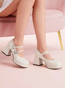 CUCCOO DOLLMOD Round Toe Mary Jane Style New French Design Strap Rhinestone Square Buckle High Heel Waterproof Platform Thick Heel Women's Pumps Spring Shoes Spring Break Easter
