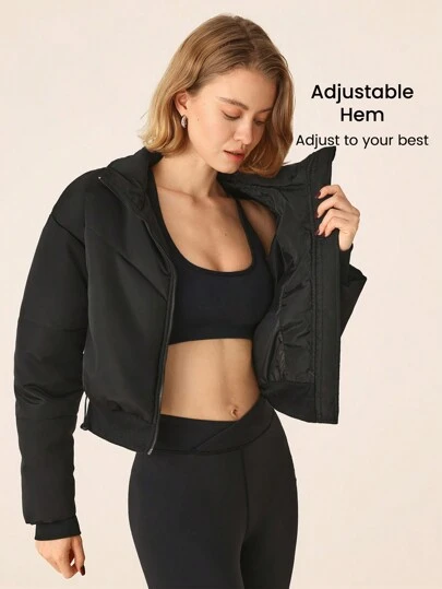 SHEIN Sports Áo khoác thể thao mùa đông tay dài khóa kéo phía trước màu trơn cho nữ