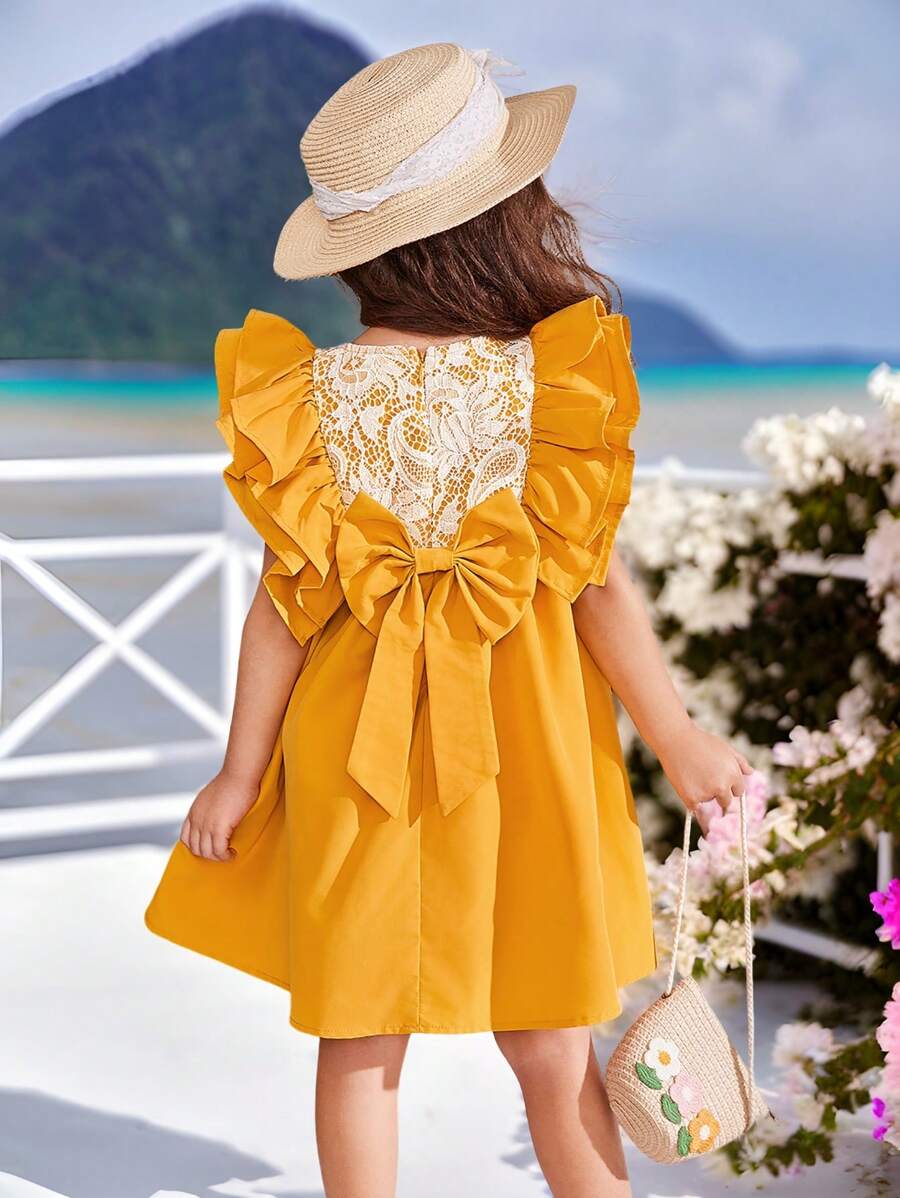 SHEIN Woven Solid Color Lace Ruffle Hem Bodycon Dress For Young Girls - Yellow - View 1