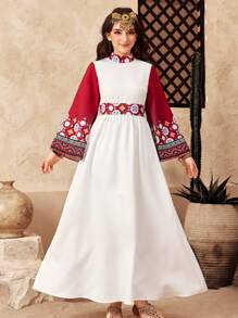 SHEIN Teen Girls' Red & White Contrast Splice Palace Floral Retro Print Flare Sleeve A-Line Long Dress - Red and White - View 1
