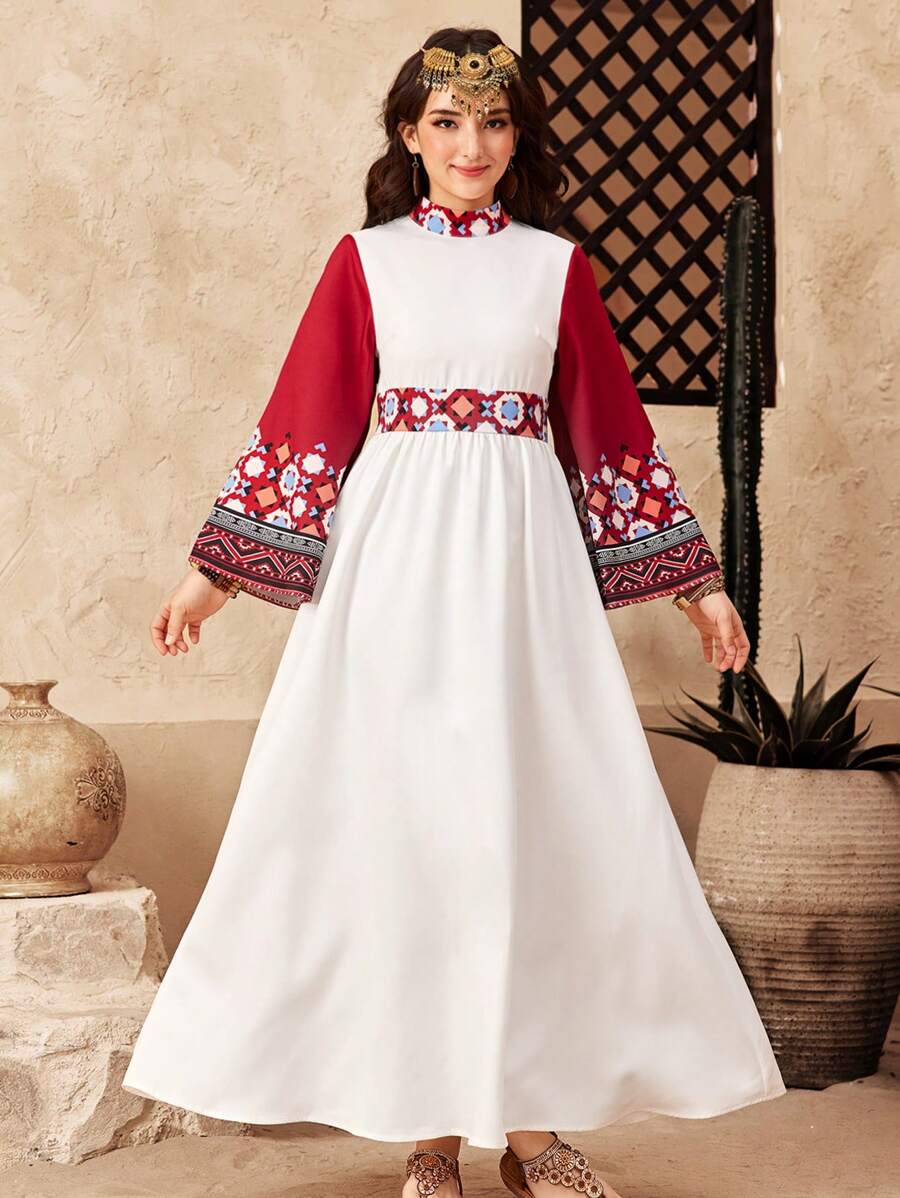 SHEIN Teen Girls' Red & White Contrast Splice Palace Floral Retro Print Flare Sleeve A-Line Long Dress - Red and White - View 1