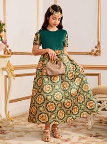 SHEIN 女童缎面印花连衣裙，绿金色，适合节日、斋月、派对聚会 - 綠色 - 查看 1