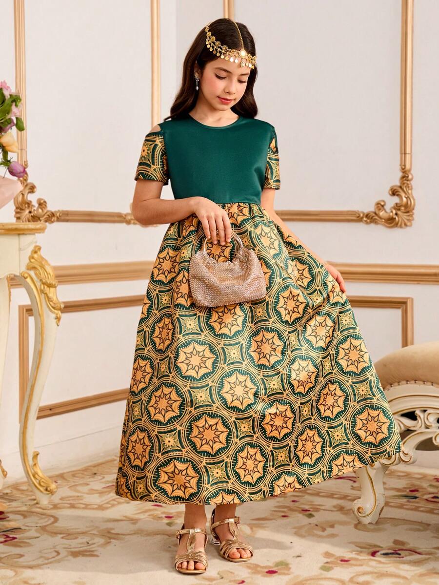 SHEIN 女童缎面印花连衣裙，绿金色，适合节日、斋月、派对聚会 - 綠色 - 查看 1