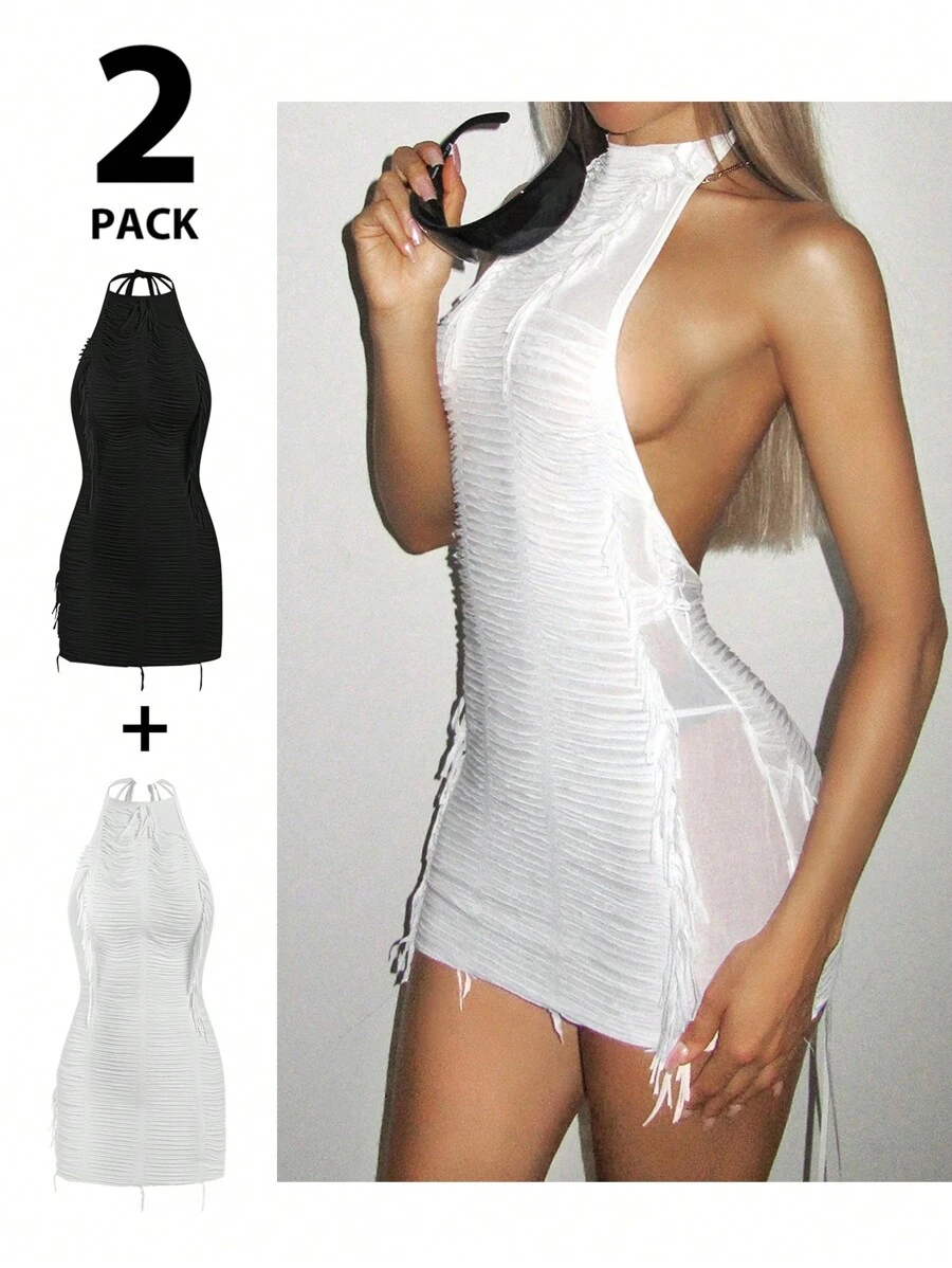 SHEIN ICON Set de 2 piezas Vestido mini con detalle de flecos rasgados - Blanco y Negro - Ver 1