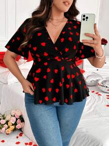 Flirla 大码波西米亚风 V 领荷叶边袖荷叶边短袖红色心形腰部修身优雅性感情人节女式 T 恤，带有情人节、玫瑰、心形、波尔卡圆点、爱心、嘴唇、丘比特和 171D 花朵图案，适合夏季 - 黑色 - 查看 6