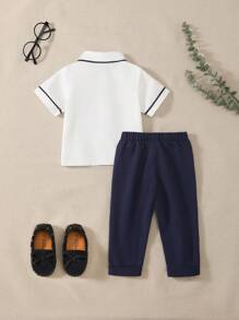 SHEIN 2 Stücke/Set Jungen Lässig Hemd mit Kragen und Kurzarm + Gummibund weite gerade Beine Sporthose, Outdoor Outfit