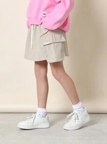 SUMWON 带侧袋的休闲工装迷你裙，松紧腰实用裙，适合学校、运动、夏季活动、轻便户外探险裙 - 卡其色 - 查看 1