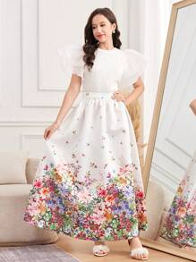 SHEIN 2pcs/Set Elegant Knit Jacquard Splice Mesh Ruffle Sleeve Casual T-Shirt And Woven Printed Skirt, For Teen Girls Spring/Summer, Festival, Party - White - View 1