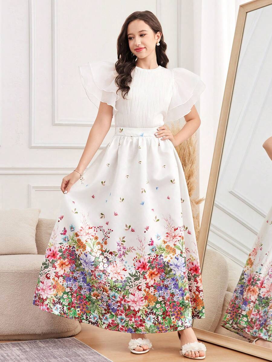 SHEIN 2pcs/Set Elegant Knit Jacquard Splice Mesh Ruffle Sleeve Casual T-Shirt And Woven Printed Skirt, For Teen Girls Spring/Summer, Festival, Party - White - View 1
