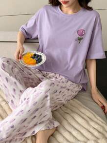 DAZY 2 piezas Conjunto de pijama de mujer con estampado, cómodo y holgado de manga corta