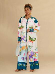 Travachic Plus Size 2pcs/Set Women Vacation Printed Long Sleeve Shirt & Pants Set,Women Two Pieces Sets,Women Fall Sets,Women Clothing Sets