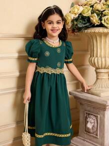 Robe de Ramadan pour jeune fille, robe élégante à la mode vert menthe avec manches bouffantes, garniture en dentelle florale dorée, gracieuse et luxueuse - Vert - Voir 6