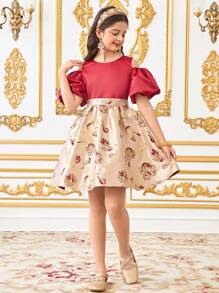 SHEIN Tween Girls' Elegant Glamorous Hollow Out Color Block Round Neck Puff Sleeve Dress - Red - View 3