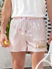 Manfinity Swimmode Men's Letter Print Front Tie Casual Beach Shorts, Leisure & Vacation