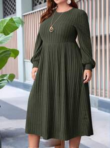 EMERY ROSE Plus Solid Lantern Green With Sleeves Sleeve Ribbed Knit Winter Dress - Army Green - View 4