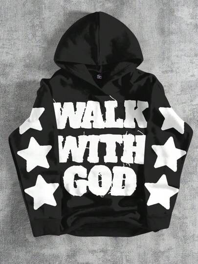 SHEIN WALK WITH GOLD, STARS, Raw Edge Print, Handsome, Personalized, Racing, Jersey, Sport, Attitude Tween Boy Casual Cartoon Pattern Loose Fit Long Sleeve Hoodie