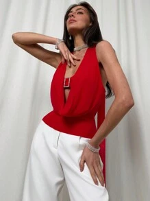 Aloruh Women Solid Color Metal Decor Sleeveless Casual Red Cami Top, Everyday Wear