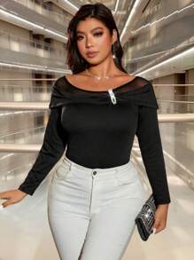 SHEIN Unity Plus Size Women Solid Color Mesh Contrast Long Sleeve Casual Blouse - Black - View 4