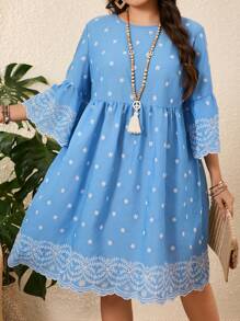 EMERY ROSE Plus Size Women Embroidered Trim Round Neck Light Blue Dress,Boho Vacation Holiday Summer Outfits,Casual Blue And White Autumn St Patrick Day Clothing - Blue and White - View 3