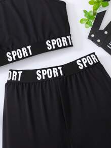 SHEIN Leap Crew Teen Girls Casual Sports Black Spliced Elastic Band Graphic Top And Bike Shorts - Black - View 5