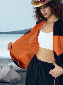 In My Nature Women's Solid Color Splice Front Zipper Long Sleeve Sports Jacket, Winter