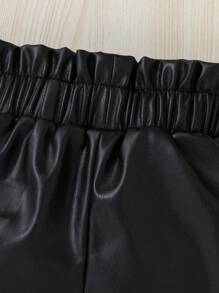 SHEIN Young Girl' All-Match Bowknot Waist PU Leather Shorts, Fashionable & Versatile, One Piece Black