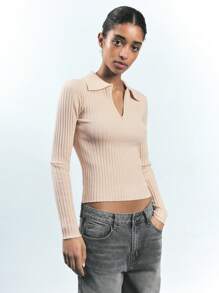 Maija Women's Apricot Knit Collared Zip-Up Top, Versatile Spring Leisure/Business Casual Design, Soft & Comfortable, Pullover Long Sleeve Sweater Old Money - Apricot - View 4