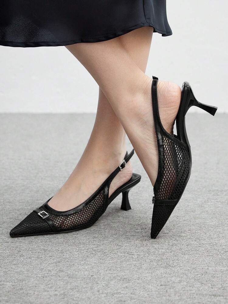 CUCCOO BIZCHIC Pointed Toe High Heel Women Shoes, Bow Decor Low Vamp Slingback Ankle Strap Simple Elegant Pink Contrast Party Pumps Spring Shoes