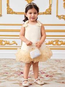 SHEIN Baby Girl Elegant Round Neck Bowknot Shoulder Decor Ruffle Hem Dress - Champagne - View 6