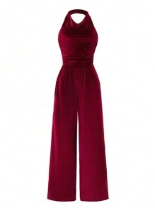 SHEIN Explorewe Teen Girl Valentine's Day Velvet Vintage Spaghetti Strap V-Neck Halterneck Spaghetti Strap Jumpsuit For Teenagers, Snug Fit, Flowy, Soft, Suitable For Casual Holiday, Elegant, Wedding, Wedding Guest - Red - View 1