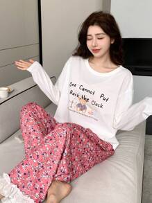 DAZY 2件套宽松碎花印花裤女士舒适卡通睡衣套装 - 米色 - 查看 4