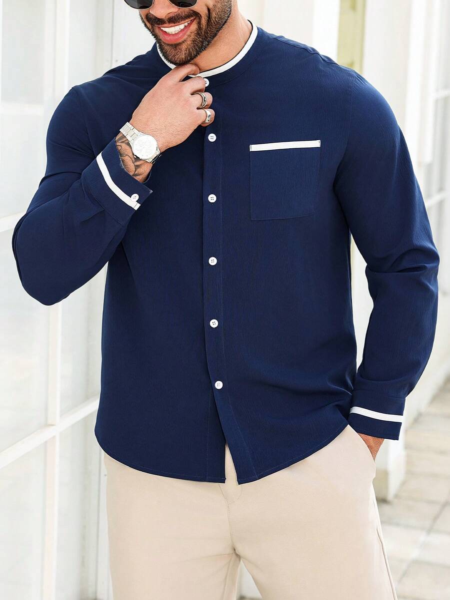 Manfinity Mode Plus Size Men's Solid Color Button-Up Pocket Long Sleeve Shirt - Blue - View 1