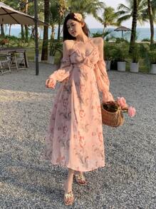 DAZY Vacation Style Beach Ditsy Floral Ruffle Trim Off Shoulder Midi Dress For Women,Summer