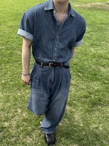 DAZY 夏季纯蓝色男士牛仔衬衫套装 - 藍色 - 查看 4