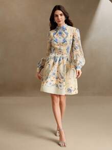 Anewsta 春夏新款女式花卉印花泡泡袖立领短袖波西米亚风花卉连衣裙 - 彩色 - 查看 4