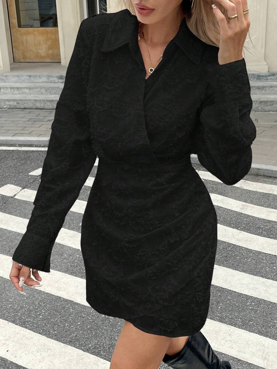 SHEIN Frenchy 女士纯色褶皱领长袖迷你连衣裙 - 黑色 - 查看 1